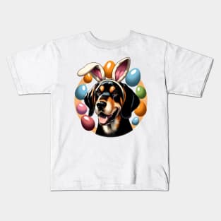 Black and Tan Coonhound with Bunny Ears Celebrates Easter Kids T-Shirt